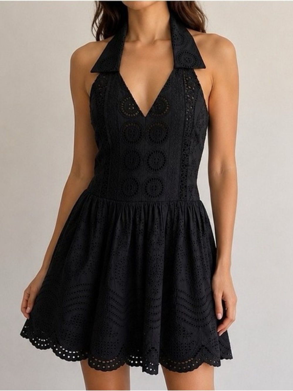 New Caroline Constas Aya Black Eyelet Halter Mini Dress Size Sm